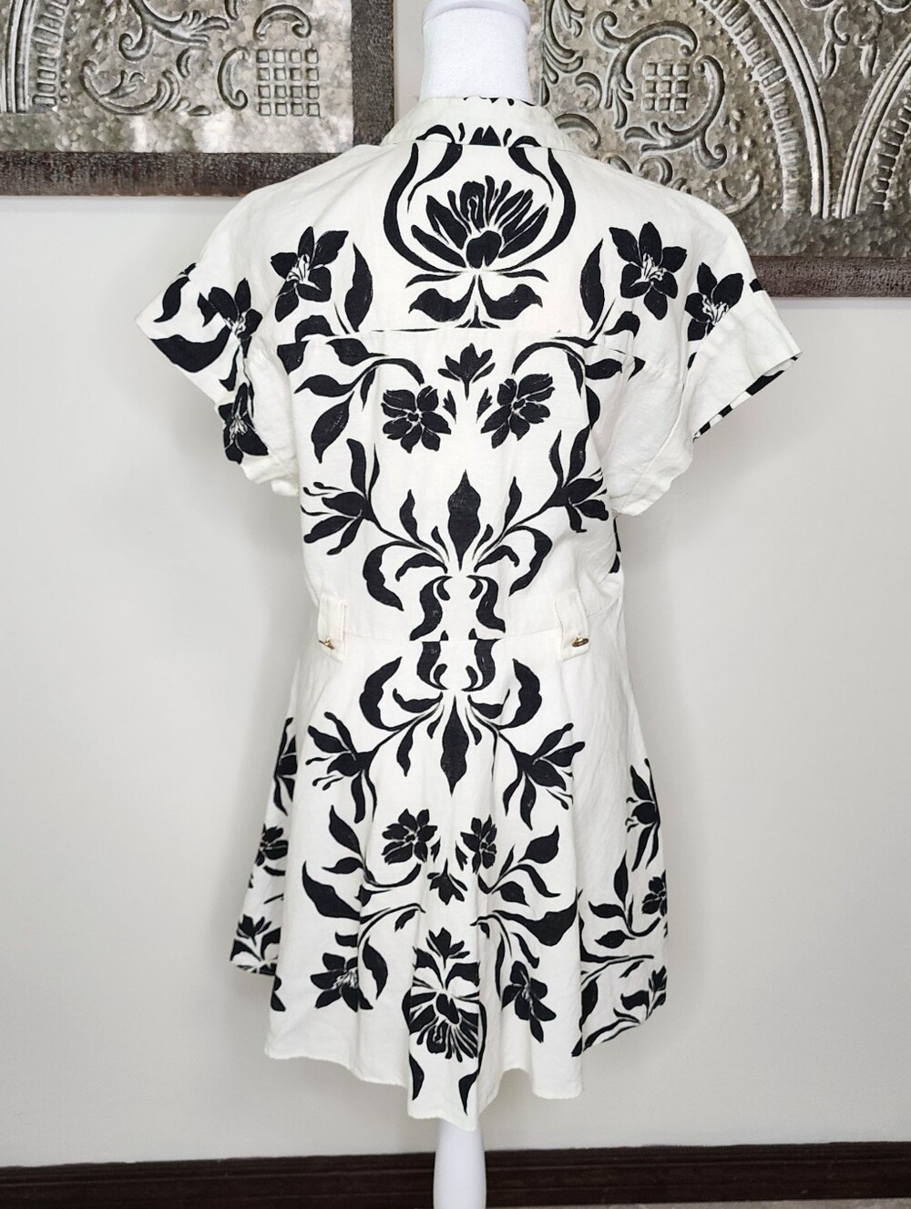 Zara Cream & Black Floral Linen Blend Button-Front Fit-and-Flare Dress Large - Picture 11 of 16